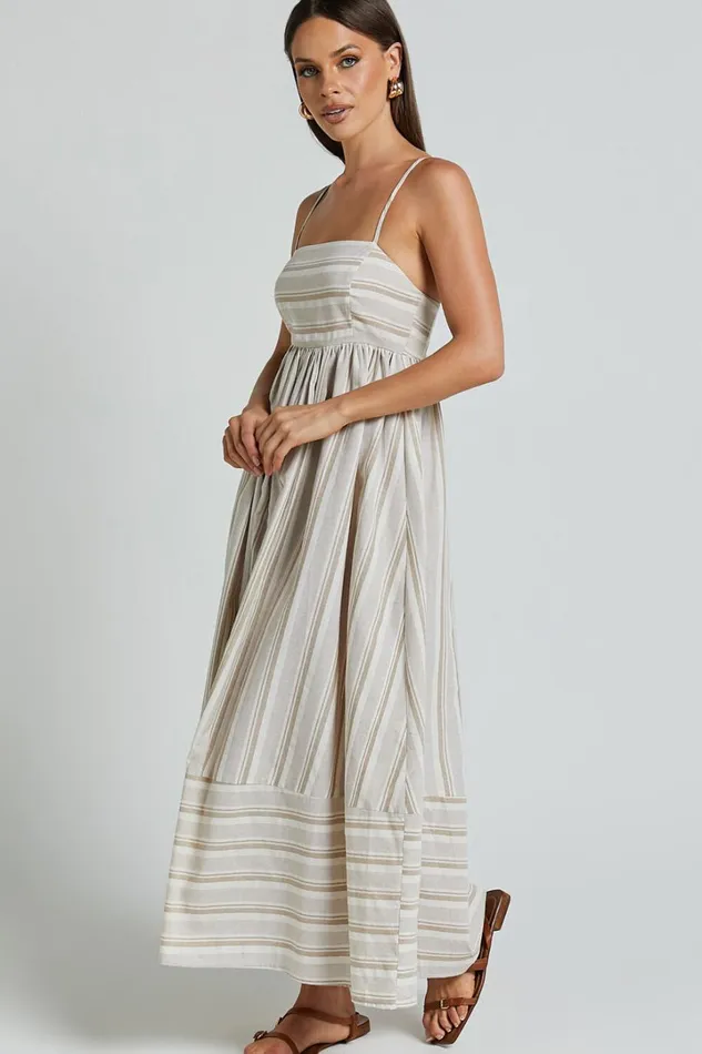 Katheryn Midi Dress 8211 Strappy Straight Neck A Line Gathered Dress In Beige And Natural Stripe Women Showpo Maternity Clothes