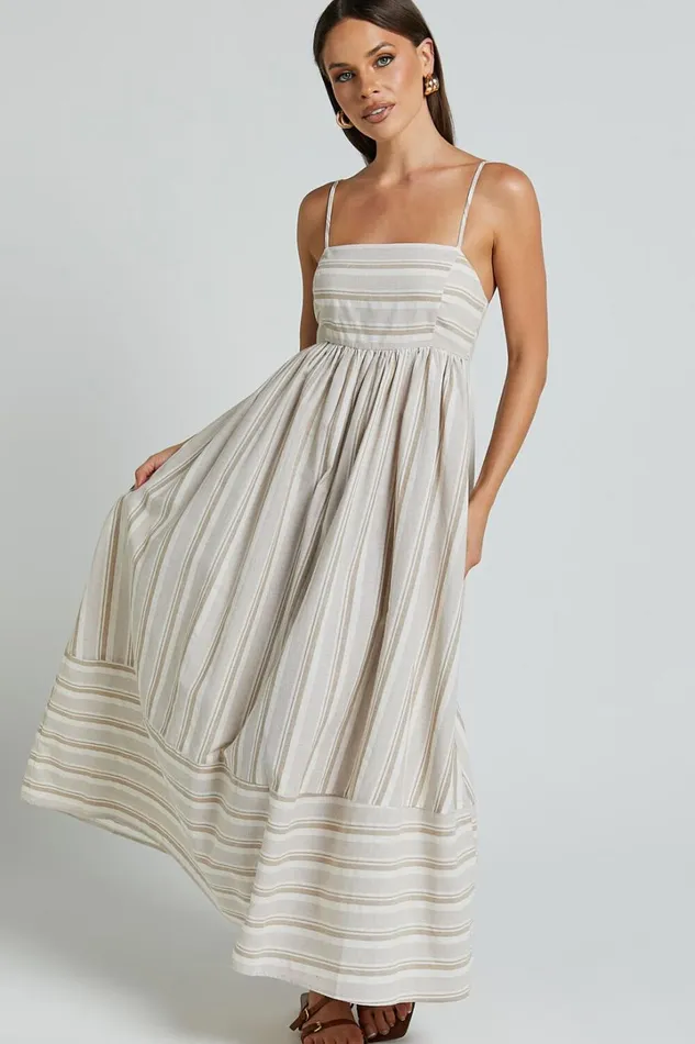 Katheryn Midi Dress 8211 Strappy Straight Neck A Line Gathered Dress In Beige And Natural Stripe Women Showpo Maternity Clothes