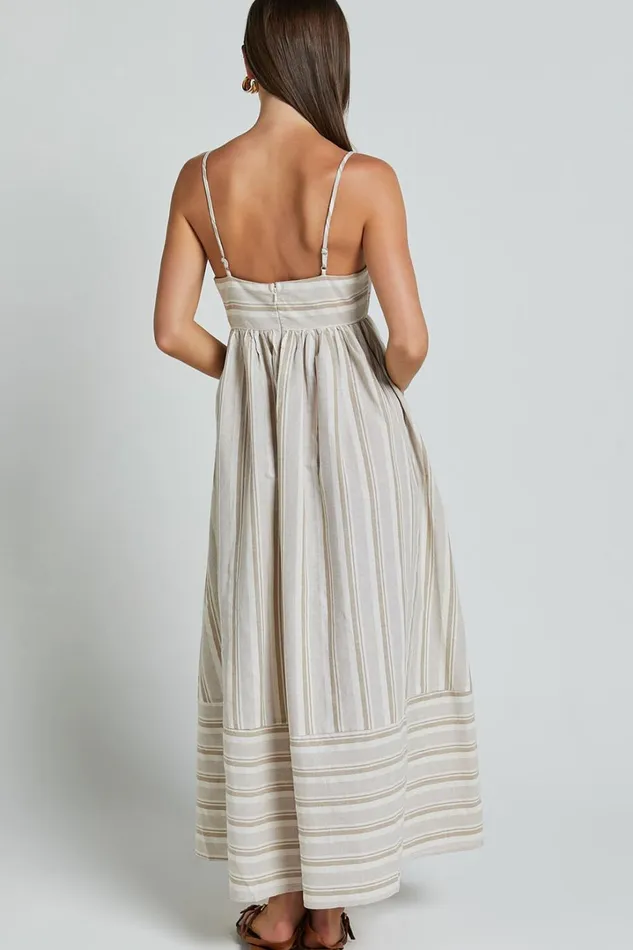 Katheryn Midi Dress 8211 Strappy Straight Neck A Line Gathered Dress In Beige And Natural Stripe Women Showpo Maternity Clothes