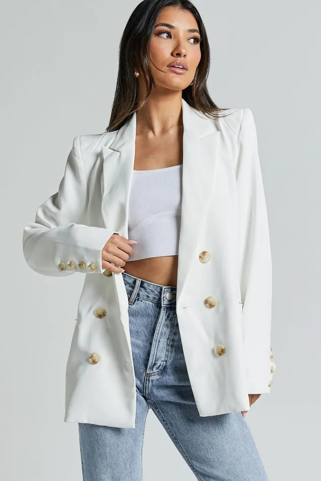 Kaye Blazer 8211 Double Breasted Long Sleeve In White Women Showpo Blazers