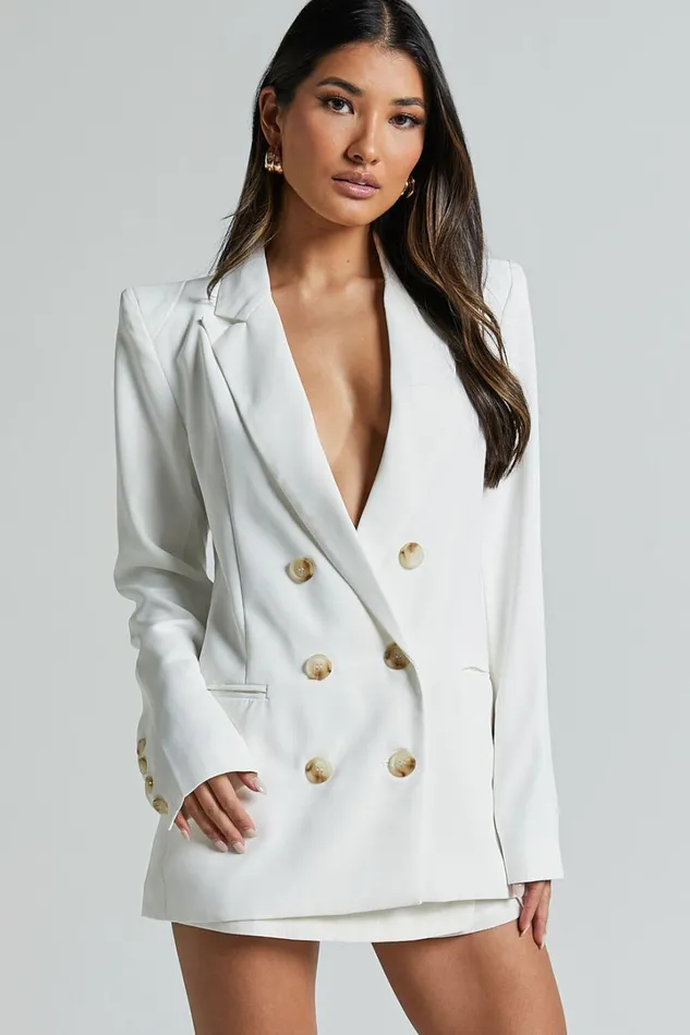 Kaye Blazer 8211 Double Breasted Long Sleeve In White Women Showpo Blazers