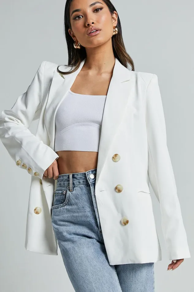 Kaye Blazer 8211 Double Breasted Long Sleeve In White Women Showpo Blazers
