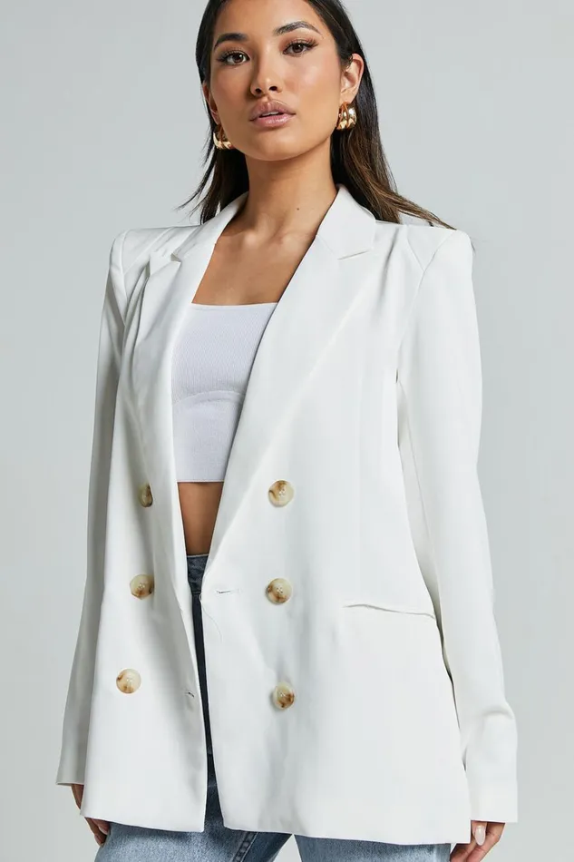 Kaye Blazer 8211 Double Breasted Long Sleeve In White Women Showpo Blazers