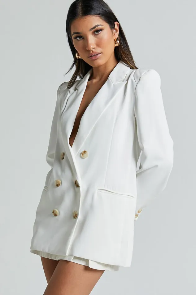 Kaye Blazer 8211 Double Breasted Long Sleeve In White Women Showpo Blazers