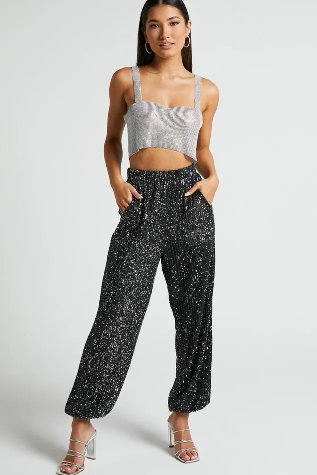 Kendrick Pant 8211 Elasticated High Waist Sequin Jogger In Black Women Showpo Loungewear