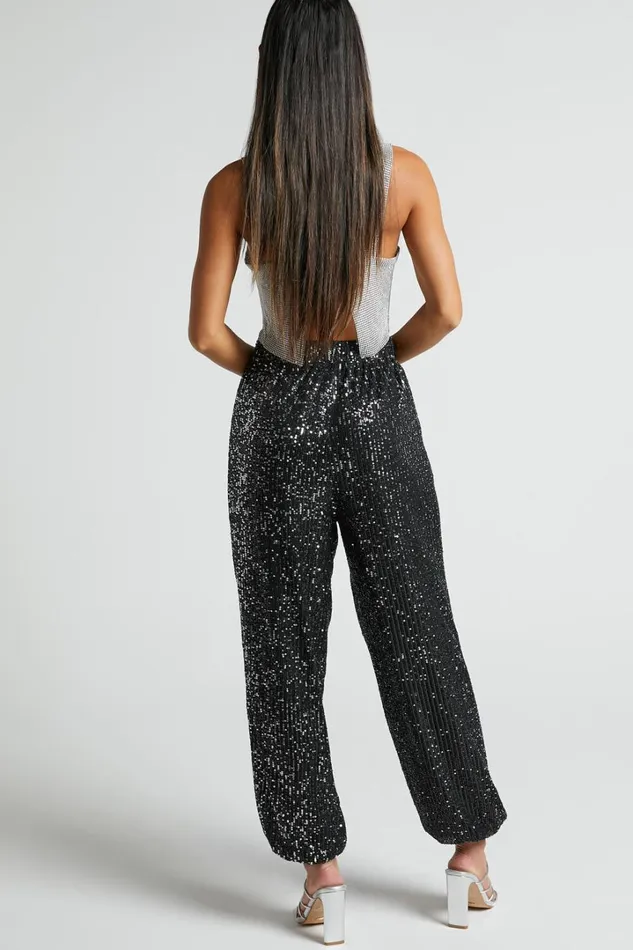 Kendrick Pant 8211 Elasticated High Waist Sequin Jogger In Black Women Showpo Loungewear