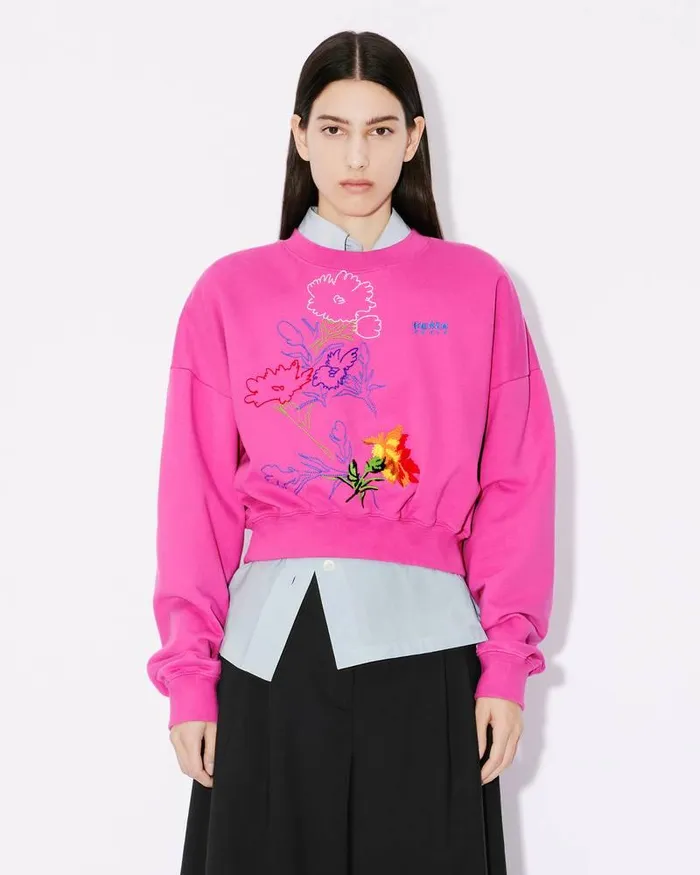 Kenzo Sweatshirts And Hoodies Women Drawn Flowers039 Embroidered Sweatshirt Deep Fuschia