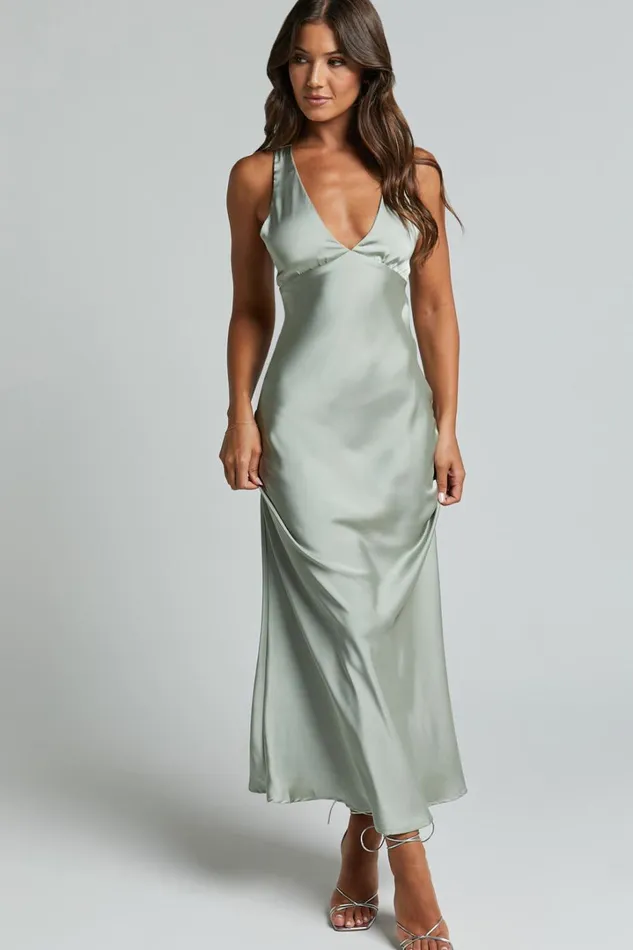 Khalani Midi Dress 8211 Deep V Neck Satin Slip Dress In Sage Women Showpo Curve Clothes