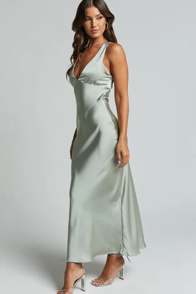 Khalani Midi Dress 8211 Deep V Neck Satin Slip Dress In Sage Women Showpo Curve Clothes