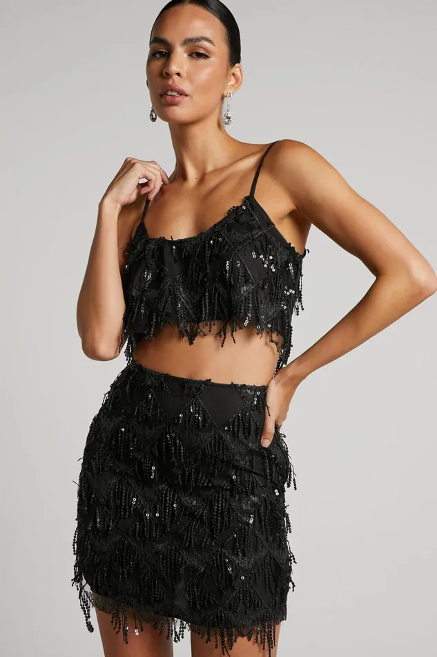 Khrizza Mini Skirt 8211 Sequin Diamond Mesh Skirt In Black Women Showpo Skirts