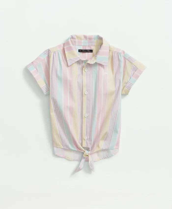 Kids Girls Cotton Tie Front Short Sleeve Striped Shirt Pink Brooks Brothers Tops