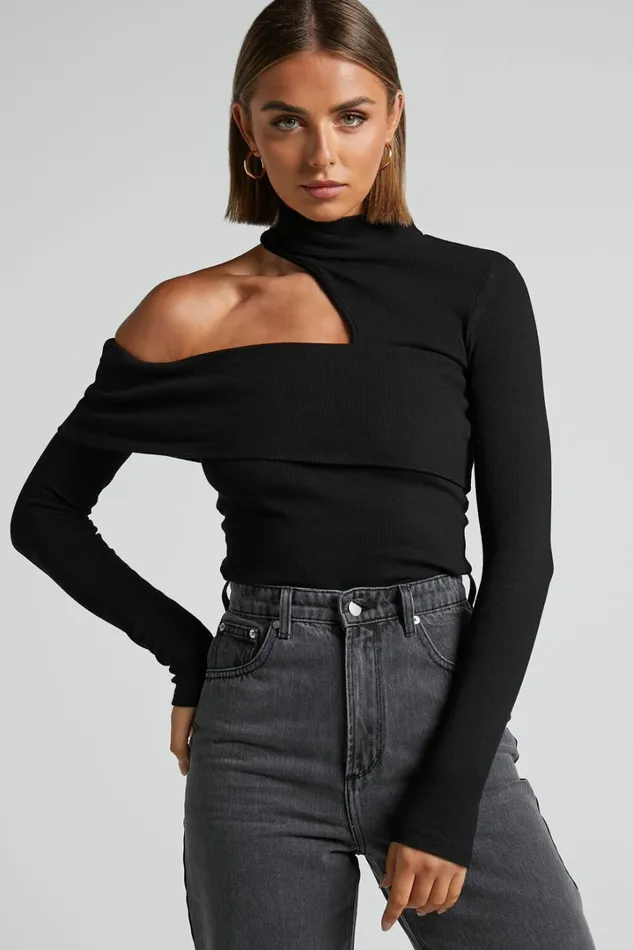 Kiefer Top 8211 Asymmetric Long Sleeve Cutout Top In Black Women Showpo Tops