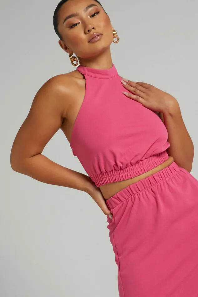 Kiki Top 8211 Halter Neck With Elastic Detailing Top In Hot Pink Women Showpo Tops