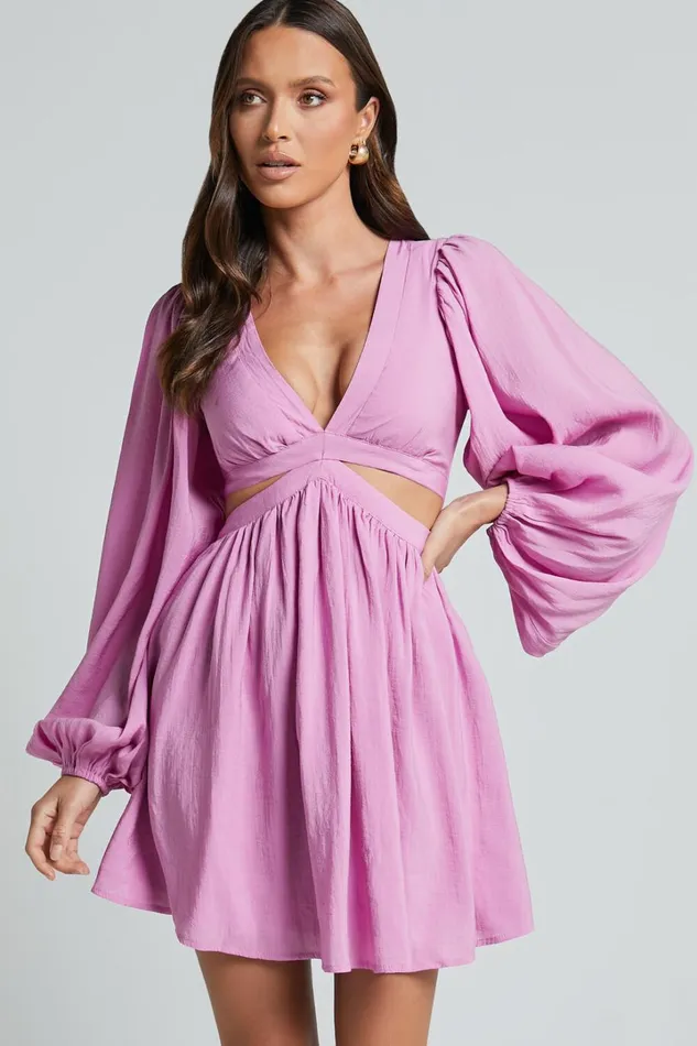 Klarika Mini Dress 8211 Bishop Sleeve Cut Out Dress In Rose Women Showpo Dresses