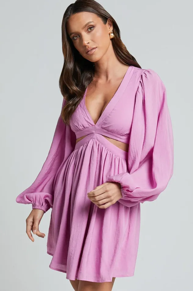 Klarika Mini Dress 8211 Bishop Sleeve Cut Out Dress In Rose Women Showpo Dresses
