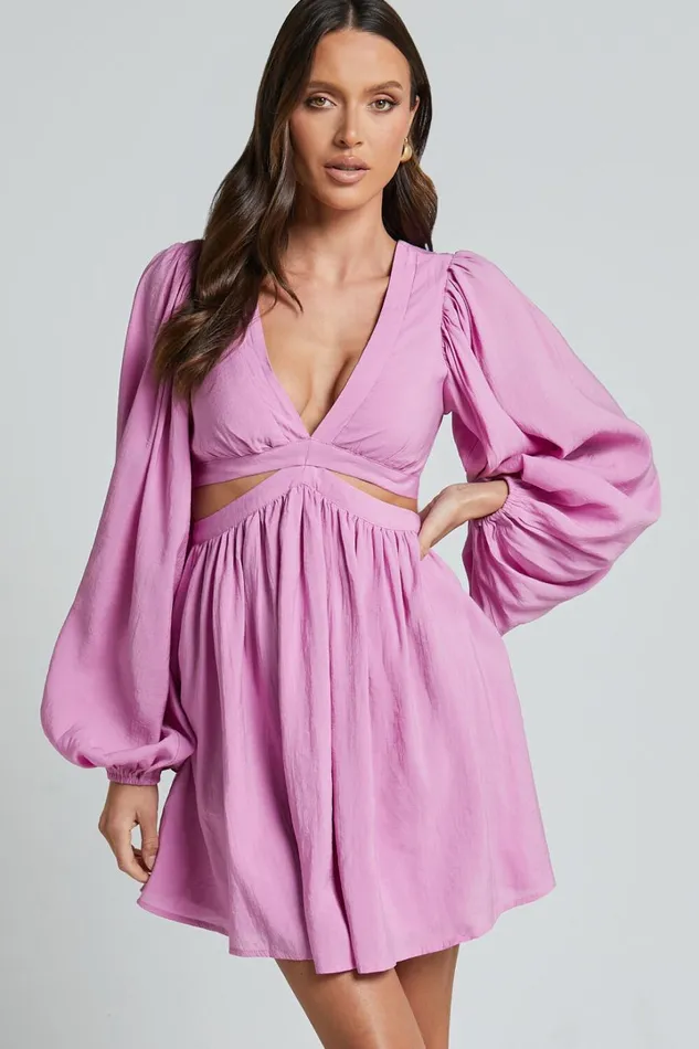 Klarika Mini Dress 8211 Bishop Sleeve Cut Out Dress In Rose Women Showpo Dresses