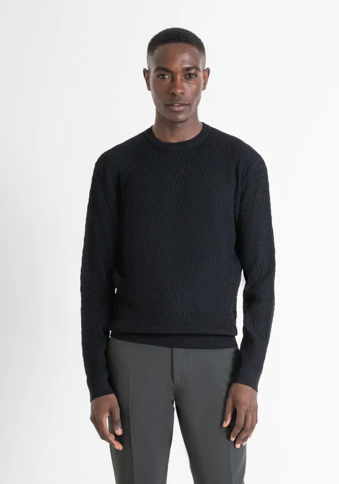 Knitwear Men Antony Morato Regular Fit Black Crew Neck Sweater In Viscose Blend Jacquard Black Knitwear Men Antony Morato Regular Fit Black Crew Neck Sweater In Viscose Blend Jacquard Black