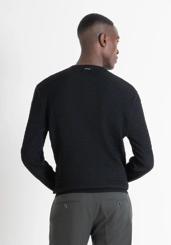 Knitwear Men Antony Morato Regular Fit Black Crew Neck Sweater In Viscose Blend Jacquard Black