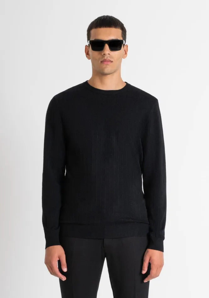 Knitwear Men Antony Morato Regular Fit Sweater In Black Viscose Blend Textured Jacquard Black Knitwear Men Antony Morato Regular Fit Sweater In Black Viscose Blend Textured Jacquard Black