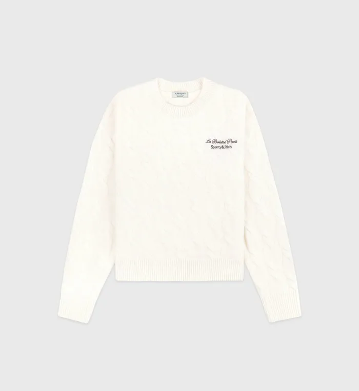 Knitwear Women Sporty and Rich Faubourg Cableknit Wool Cashmere Crewneck 8211 CreamChocolate