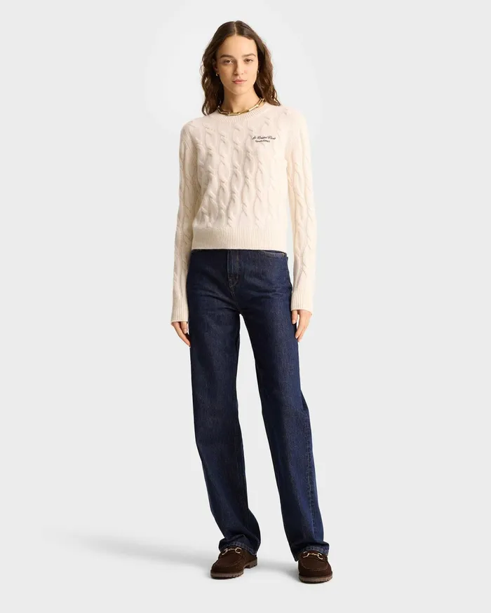 Knitwear Women Sporty and Rich Faubourg Cableknit Wool Cashmere Crewneck 8211 CreamChocolate