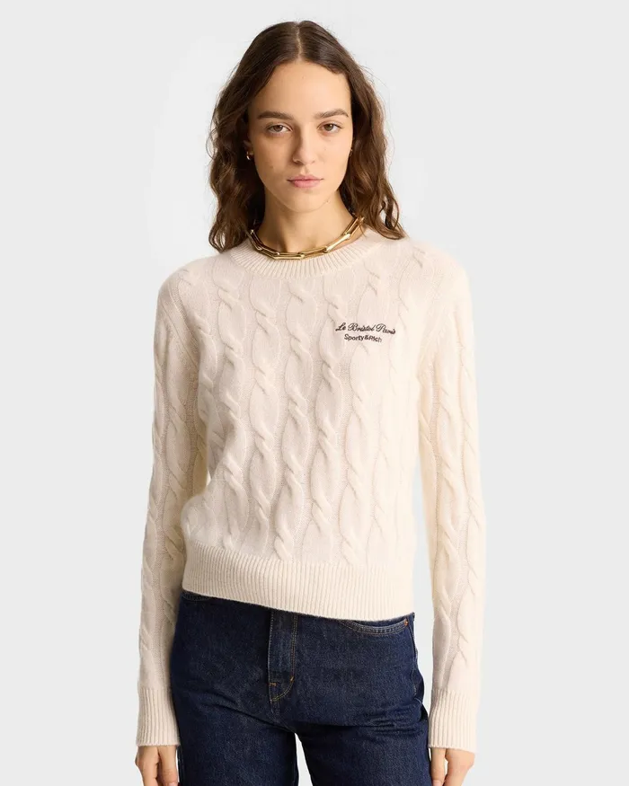 Knitwear Women Sporty and Rich Faubourg Cableknit Wool Cashmere Crewneck 8211 CreamChocolate