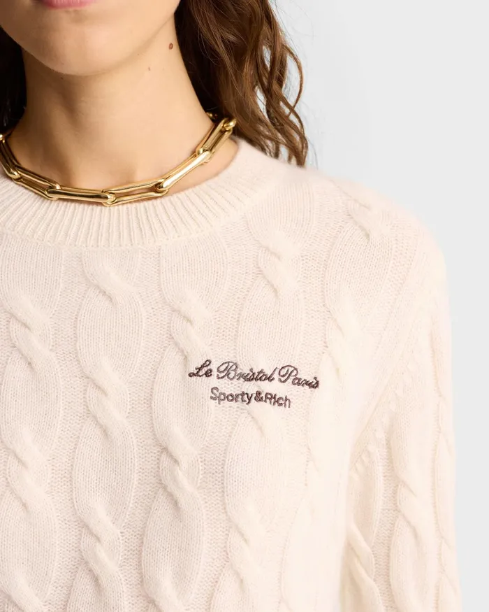 Knitwear Women Sporty and Rich Faubourg Cableknit Wool Cashmere Crewneck 8211 CreamChocolate