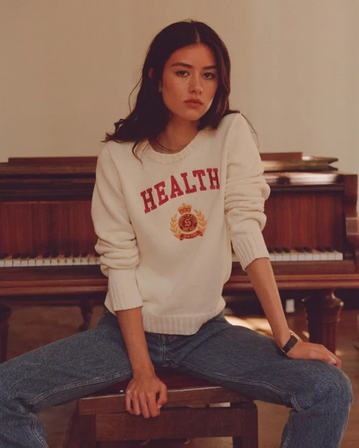 Knitwear Women Sporty and Rich NY Health Crest Knitted Sweater 8211 CreamMerlotGold
