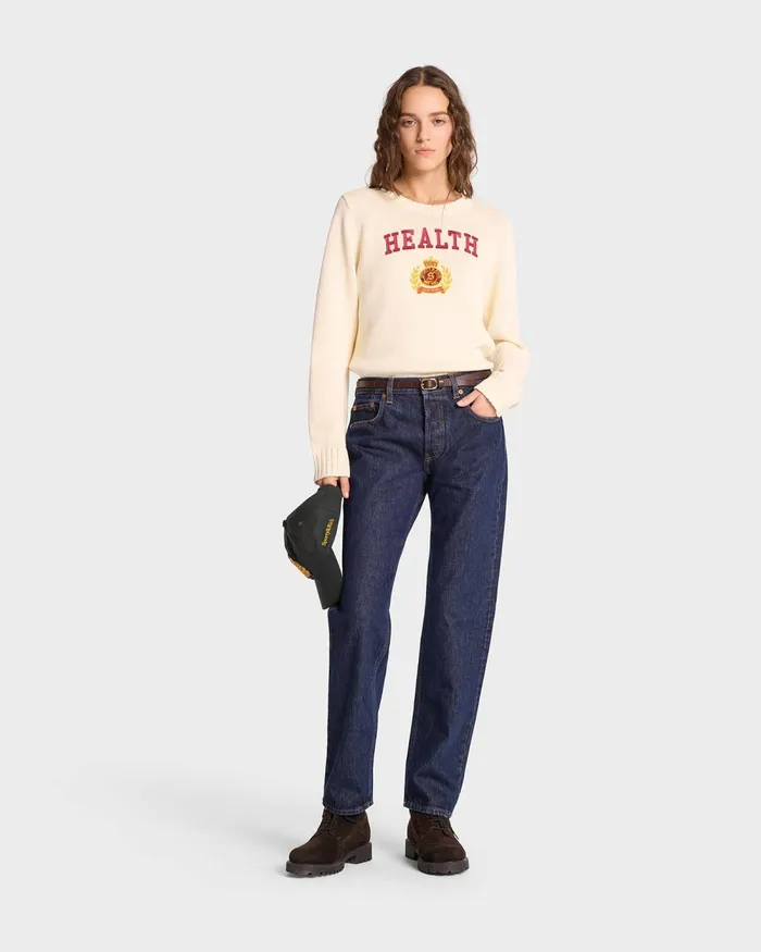 Knitwear Women Sporty and Rich NY Health Crest Knitted Sweater 8211 CreamMerlotGold