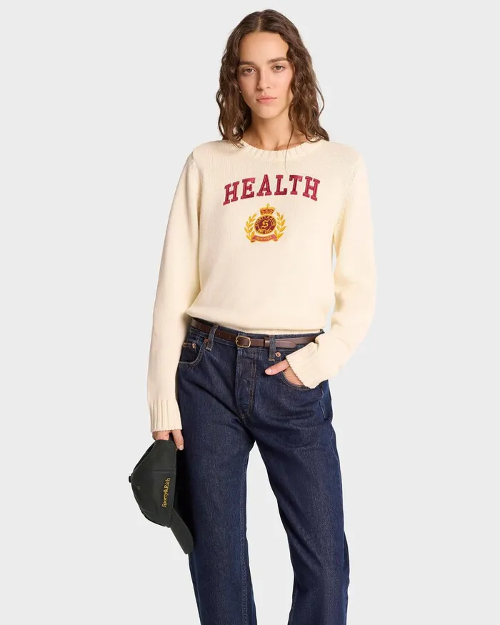 Knitwear Women Sporty and Rich NY Health Crest Knitted Sweater 8211 CreamMerlotGold