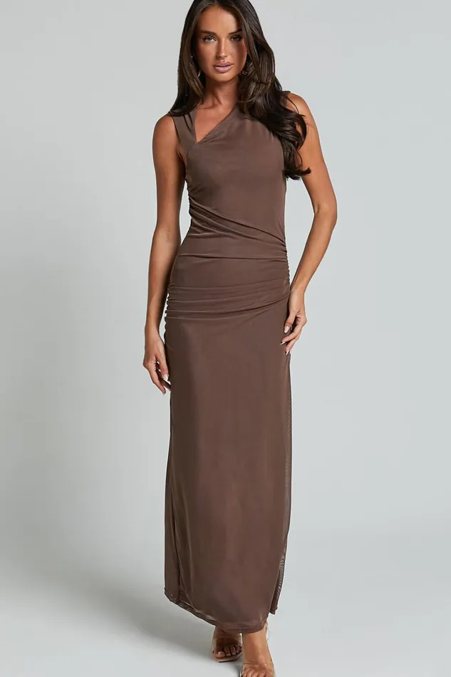 Lara Midi Dress 8211 Asymmetrical Ruched Mesh Dress In Chocolate Women Showpo Curve Clothes Lara Midi Dress 8211 Asymmetrical Ruched Mesh Dress In Chocolate Women Showpo Curve Clothes