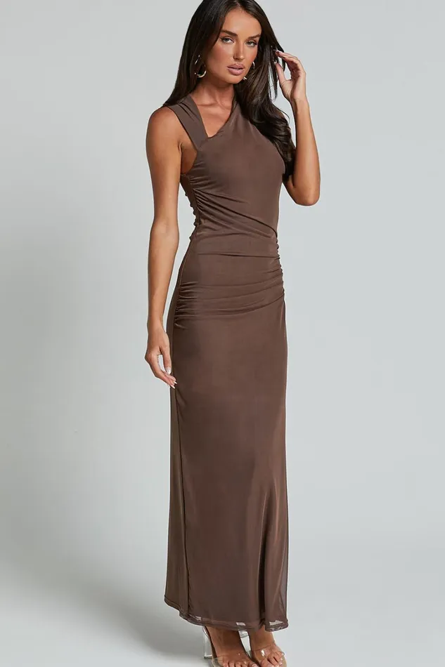 Lara Midi Dress 8211 Asymmetrical Ruched Mesh Dress In Chocolate Women Showpo Curve Clothes