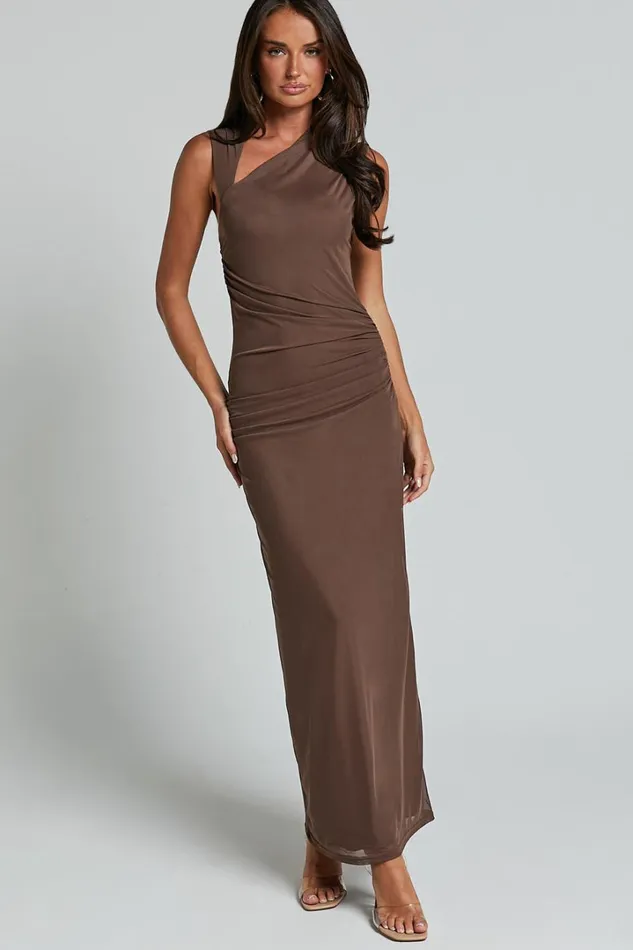 Lara Midi Dress 8211 Asymmetrical Ruched Mesh Dress In Chocolate Women Showpo Curve Clothes