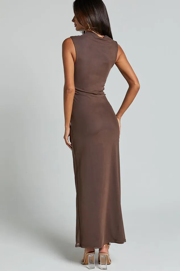 Lara Midi Dress 8211 Asymmetrical Ruched Mesh Dress In Chocolate Women Showpo Curve Clothes
