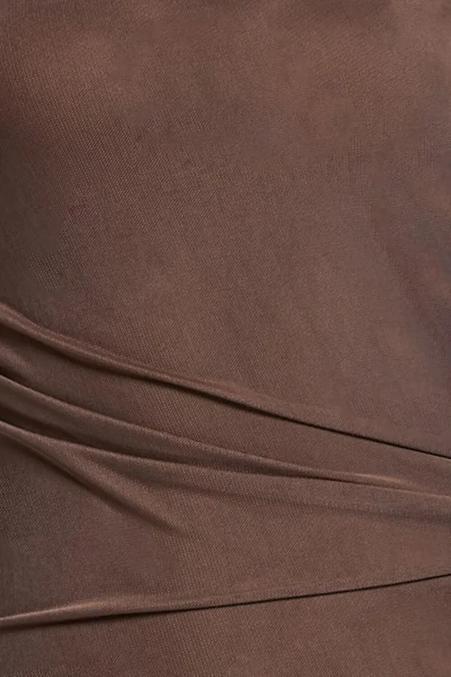 Lara Midi Dress 8211 Asymmetrical Ruched Mesh Dress In Chocolate Women Showpo Curve Clothes
