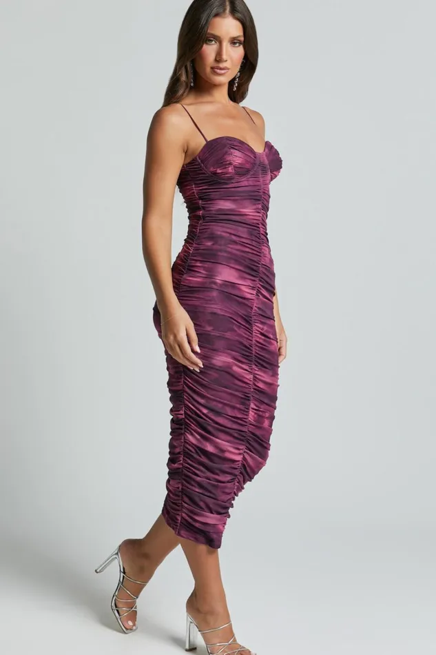 Leanor Midi Dress 8211 Mesh Ruched Bustier Bodycon Dress In Grape Print Women Showpo Dresses
