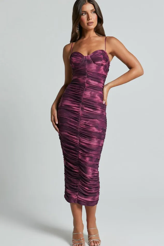 Leanor Midi Dress 8211 Mesh Ruched Bustier Bodycon Dress In Grape Print Women Showpo Dresses
