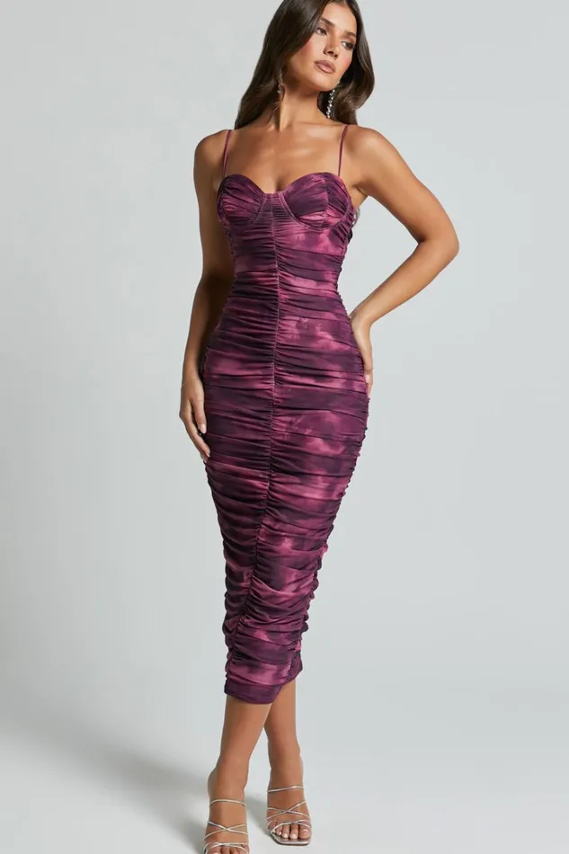 Leanor Midi Dress 8211 Mesh Ruched Bustier Bodycon Dress In Grape Print Women Showpo Dresses