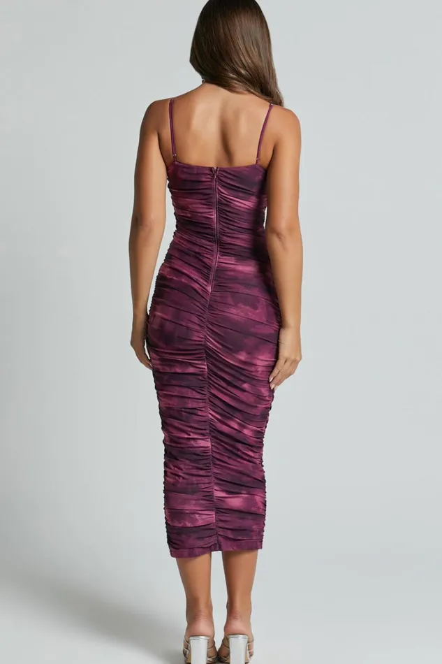 Leanor Midi Dress 8211 Mesh Ruched Bustier Bodycon Dress In Grape Print Women Showpo Dresses