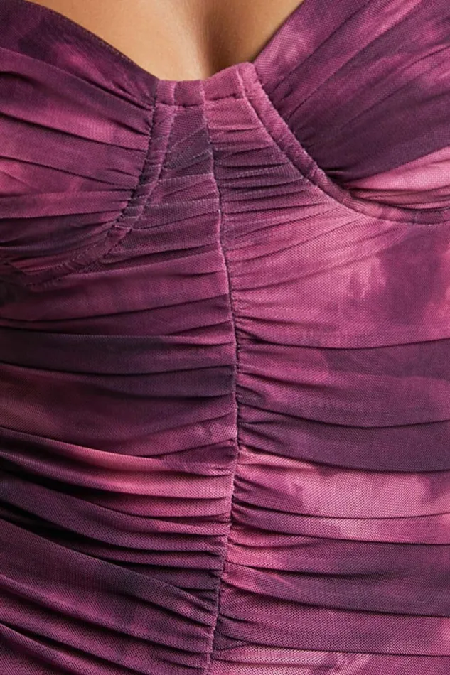 Leanor Midi Dress 8211 Mesh Ruched Bustier Bodycon Dress In Grape Print Women Showpo Dresses