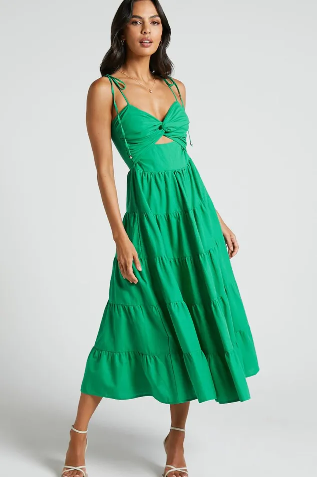 Leticia Midi Dress 8211 Twist Front Tie Strap Tiered Dress In Green Women Showpo Conscious