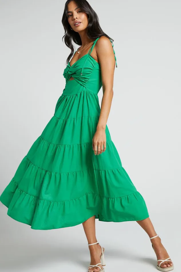 Leticia Midi Dress 8211 Twist Front Tie Strap Tiered Dress In Green Women Showpo Conscious