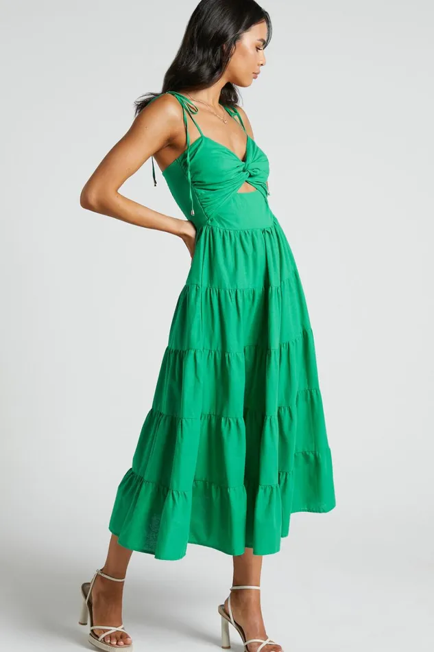 Leticia Midi Dress 8211 Twist Front Tie Strap Tiered Dress In Green Women Showpo Conscious