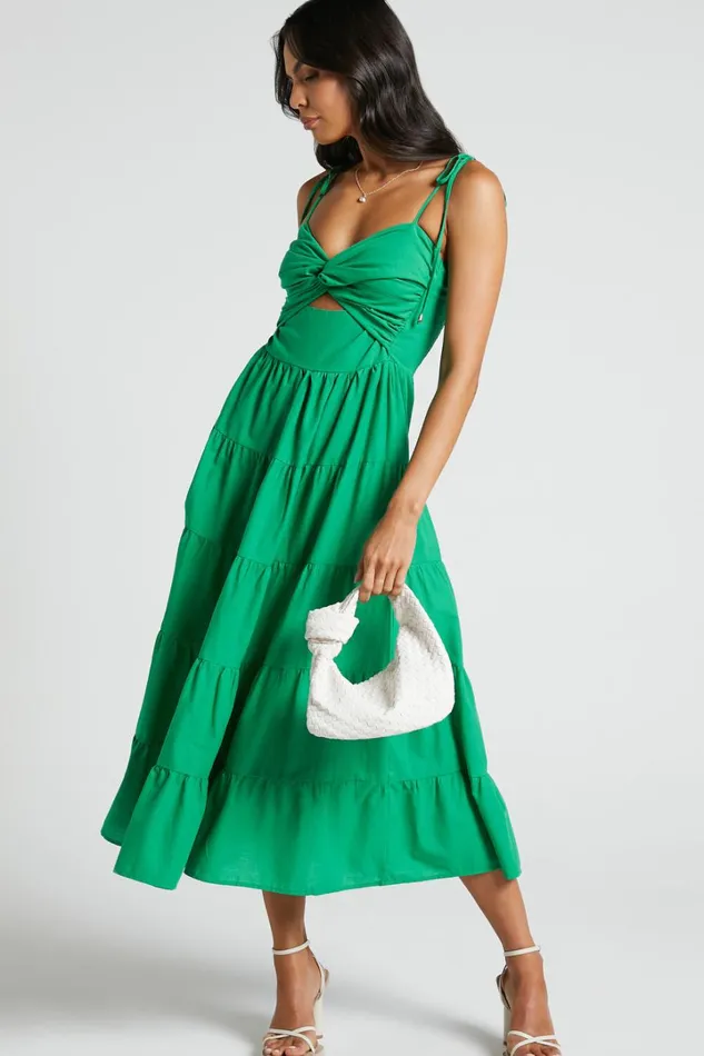 Leticia Midi Dress 8211 Twist Front Tie Strap Tiered Dress In Green Women Showpo Conscious