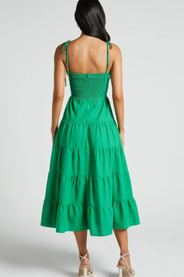 Leticia Midi Dress 8211 Twist Front Tie Strap Tiered Dress In Green Women Showpo Conscious