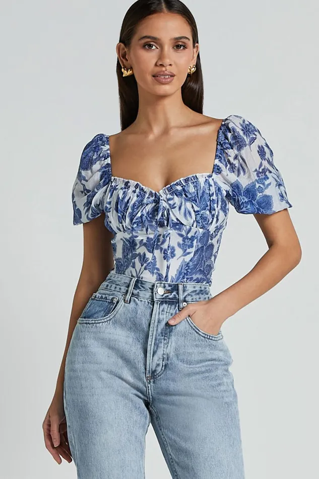 Liana Top 8211 Short Sleeve Bustier Top In White And Blue Floral Women Showpo Tops