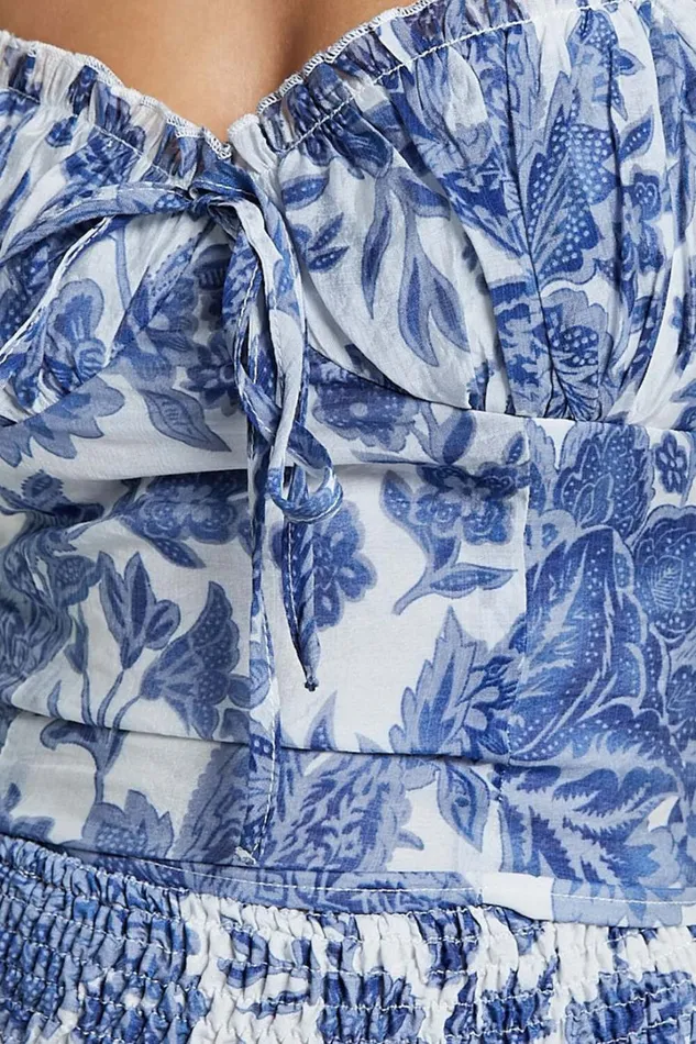 Liana Top 8211 Short Sleeve Bustier Top In White And Blue Floral Women Showpo Tops