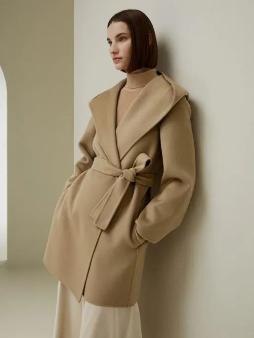 Lilysilk CashmereWoolBlend Belted Short Hooded Coat Women Knitwear