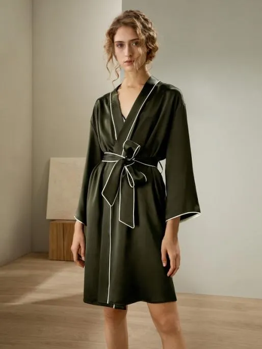 Lilysilk Contrast Piping Long Sleeves Night Robe Women Robes