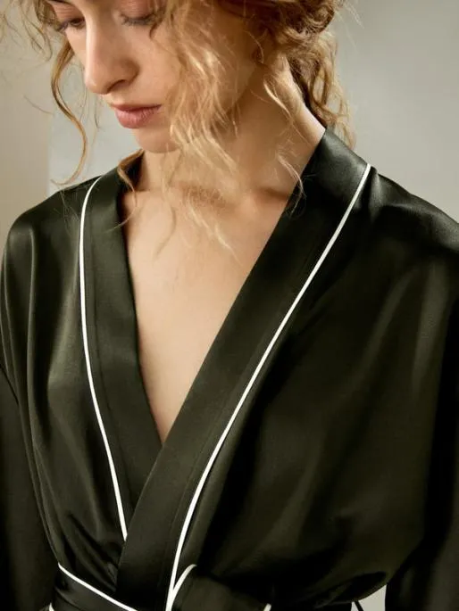 Lilysilk Contrast Piping Long Sleeves Night Robe Women Robes